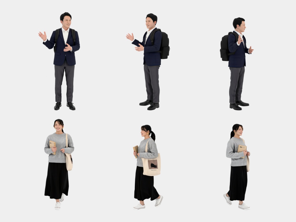Japanese 3D People Vol.03|日本人 幅広い年代の3D人物 10体(学生〜シニア)【建築パース・添景】FBX/OBJ/glTF/Blender