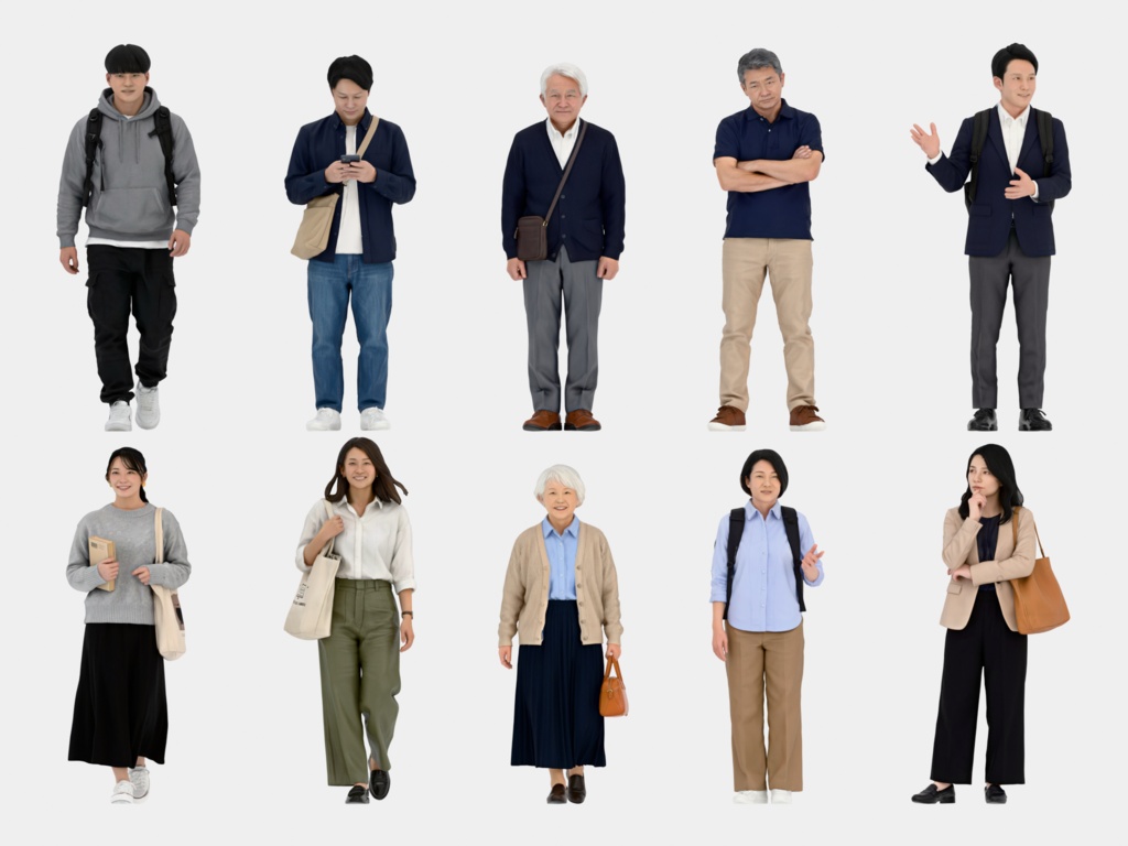 Japanese 3D People Vol.03|日本人 幅広い年代の3D人物 10体(学生〜シニア)【建築パース・添景】FBX/OBJ/glTF/Blender