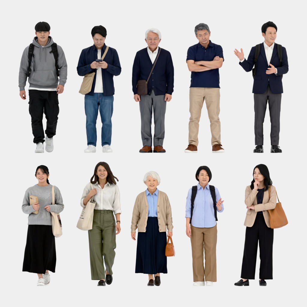 Japanese 3D People Vol.03|日本人 幅広い年代の3D人物 10体(学生〜シニア)【建築パース・添景】FBX/OBJ/glTF/Blender