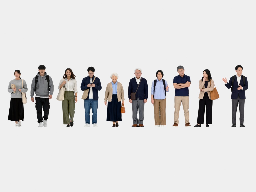 Japanese 3D People Vol.03|日本人 幅広い年代の3D人物 10体(学生〜シニア)【建築パース・添景】FBX/OBJ/glTF/Blender