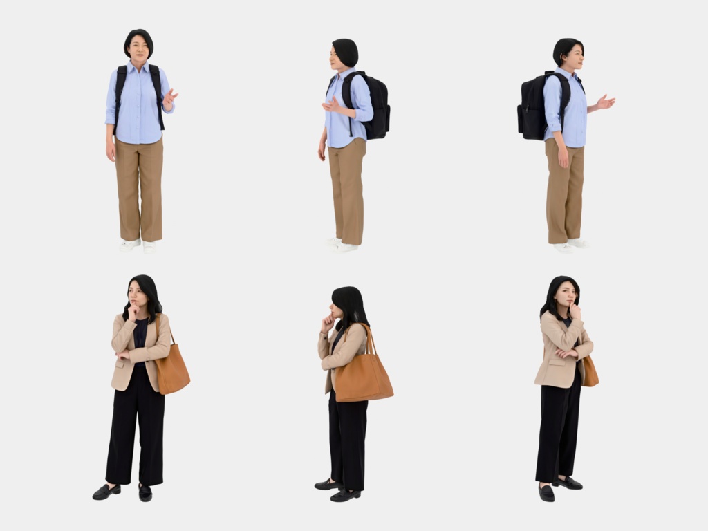 Japanese 3D People Vol.03|日本人 幅広い年代の3D人物 10体(学生〜シニア)【建築パース・添景】FBX/OBJ/glTF/Blender