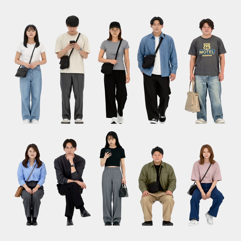 Japanese 3D People Vol.04｜日本人 20代の若者 3D人物 10体（立ち・座り）【建築パース・添景】FBX/OBJ/glTF/Blender