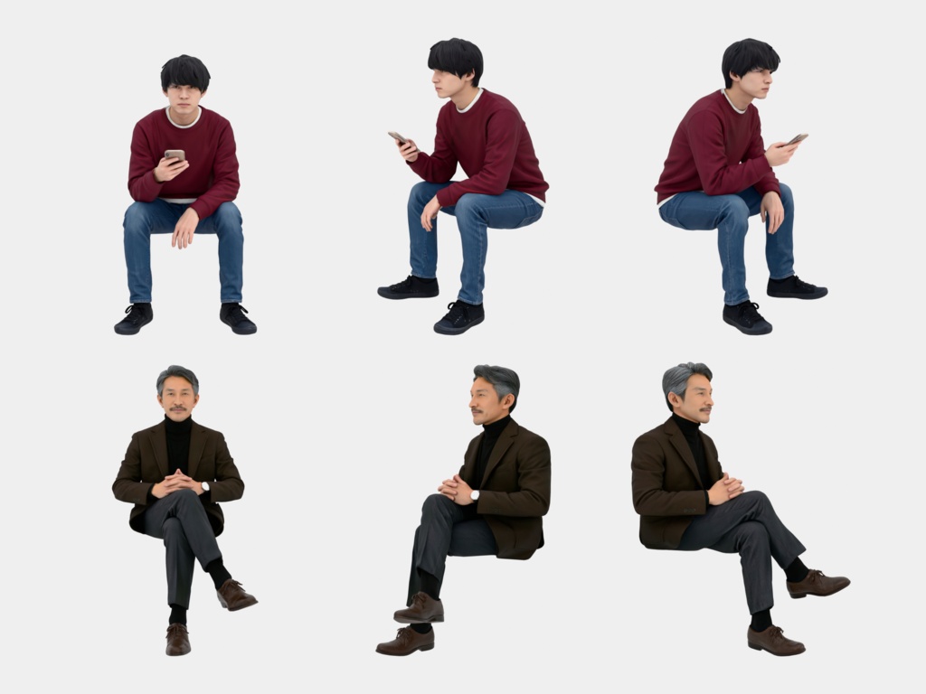 Japanese 3D People Vol.05|日本人 座りポーズ 3D人物 10体(椅子なし)【建築パース・添景】FBX/OBJ/glTF/Blender