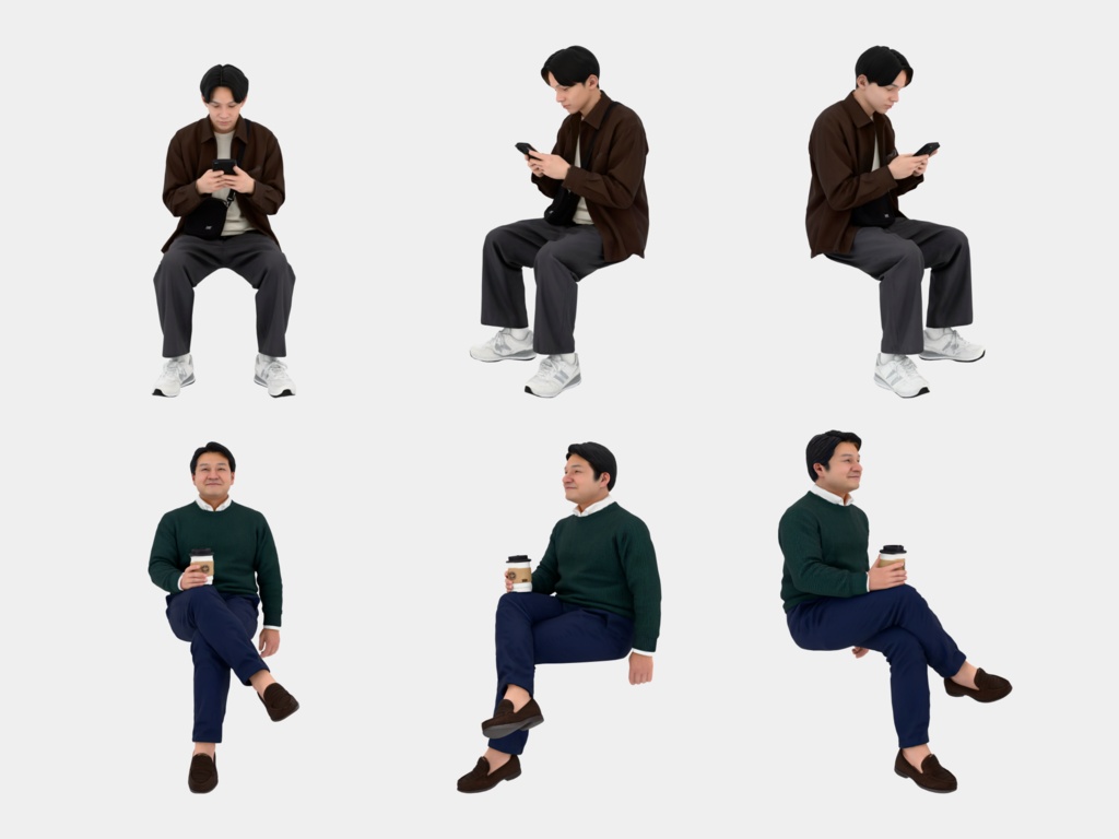 Japanese 3D People Vol.05|日本人 座りポーズ 3D人物 10体(椅子なし)【建築パース・添景】FBX/OBJ/glTF/Blender