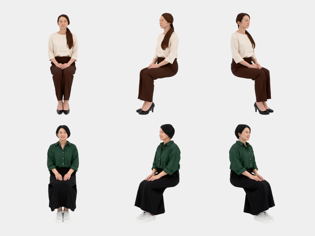 Japanese 3D People Vol.05|日本人 座りポーズ 3D人物 10体(椅子なし)【建築パース・添景】FBX/OBJ/glTF/Blender