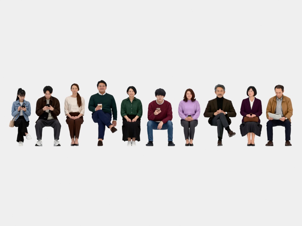 Japanese 3D People Vol.05|日本人 座りポーズ 3D人物 10体(椅子なし)【建築パース・添景】FBX/OBJ/glTF/Blender