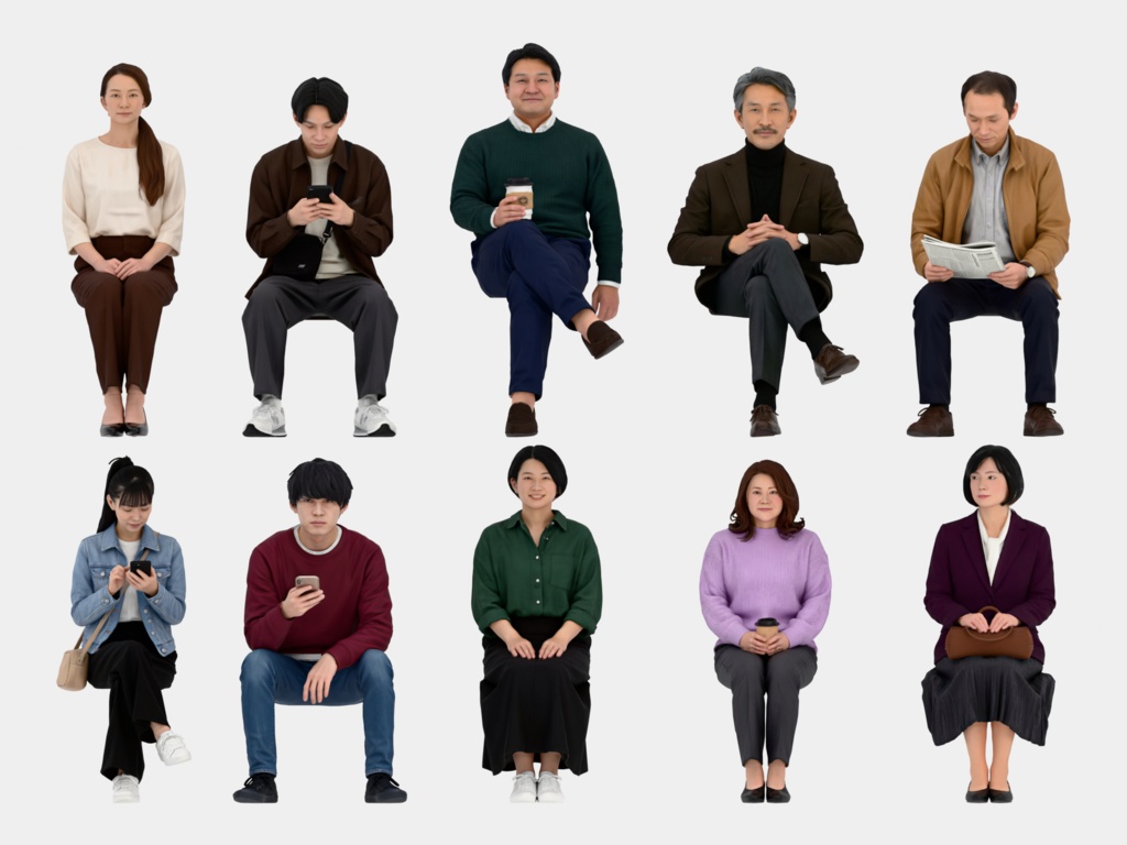 Japanese 3D People Vol.05|日本人 座りポーズ 3D人物 10体(椅子なし)【建築パース・添景】FBX/OBJ/glTF/Blender
