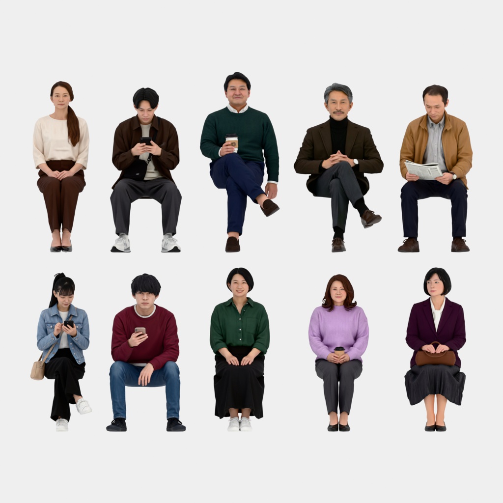 Japanese 3D People Vol.05｜日本人 座りポーズ 3D人物 10体（椅子なし）【建築パース・添景】FBX/OBJ/glTF/Blender