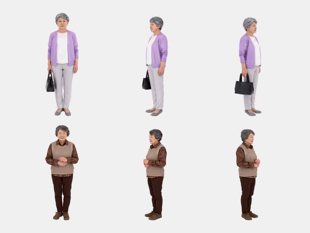 Japanese 3D People Vol.07|日本人 高齢者 3D人物 10体(杖・座り)【建築パース・添景】FBX/OBJ/glTF/Blender