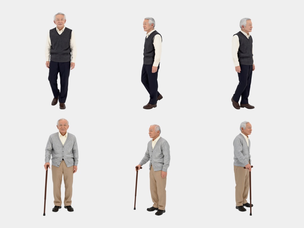 Japanese 3D People Vol.07|日本人 高齢者 3D人物 10体(杖・座り)【建築パース・添景】FBX/OBJ/glTF/Blender