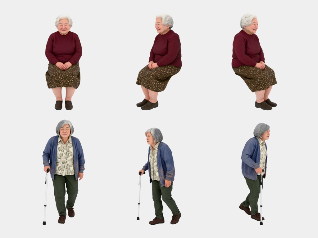 Japanese 3D People Vol.07|日本人 高齢者 3D人物 10体(杖・座り)【建築パース・添景】FBX/OBJ/glTF/Blender