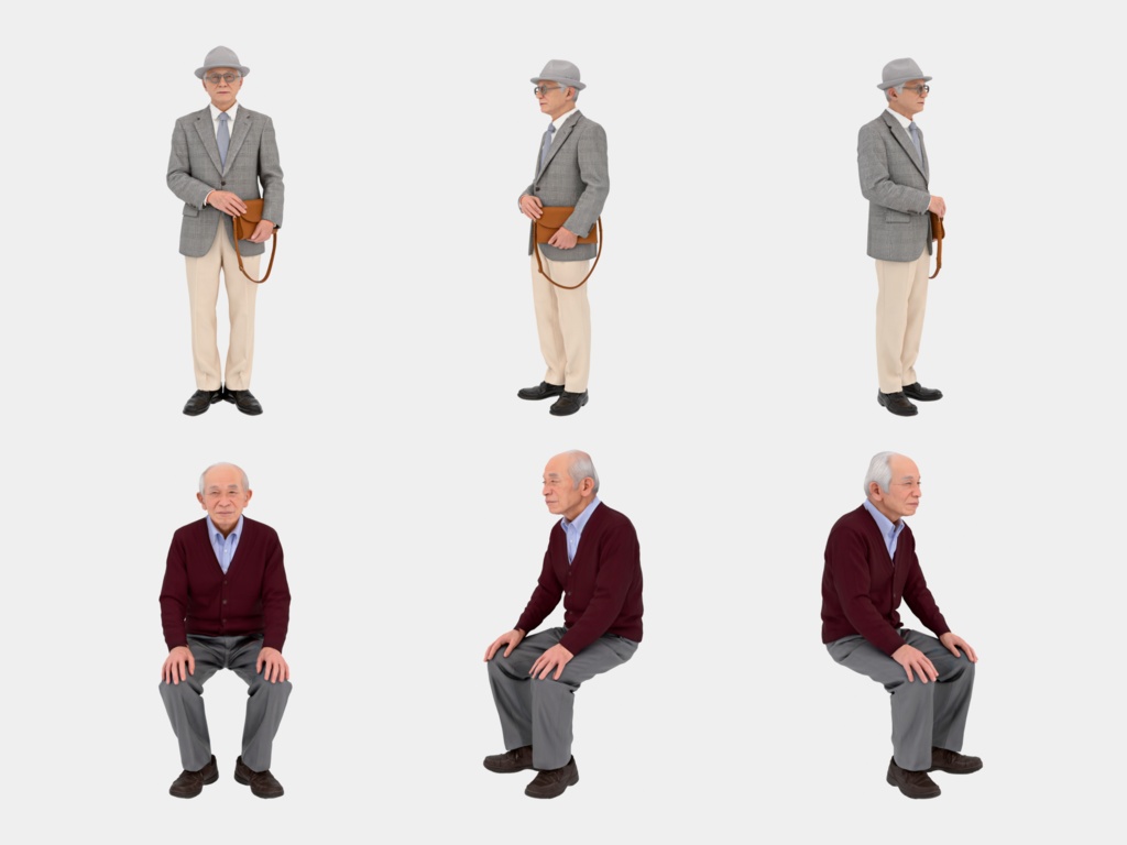 Japanese 3D People Vol.07|日本人 高齢者 3D人物 10体(杖・座り)【建築パース・添景】FBX/OBJ/glTF/Blender