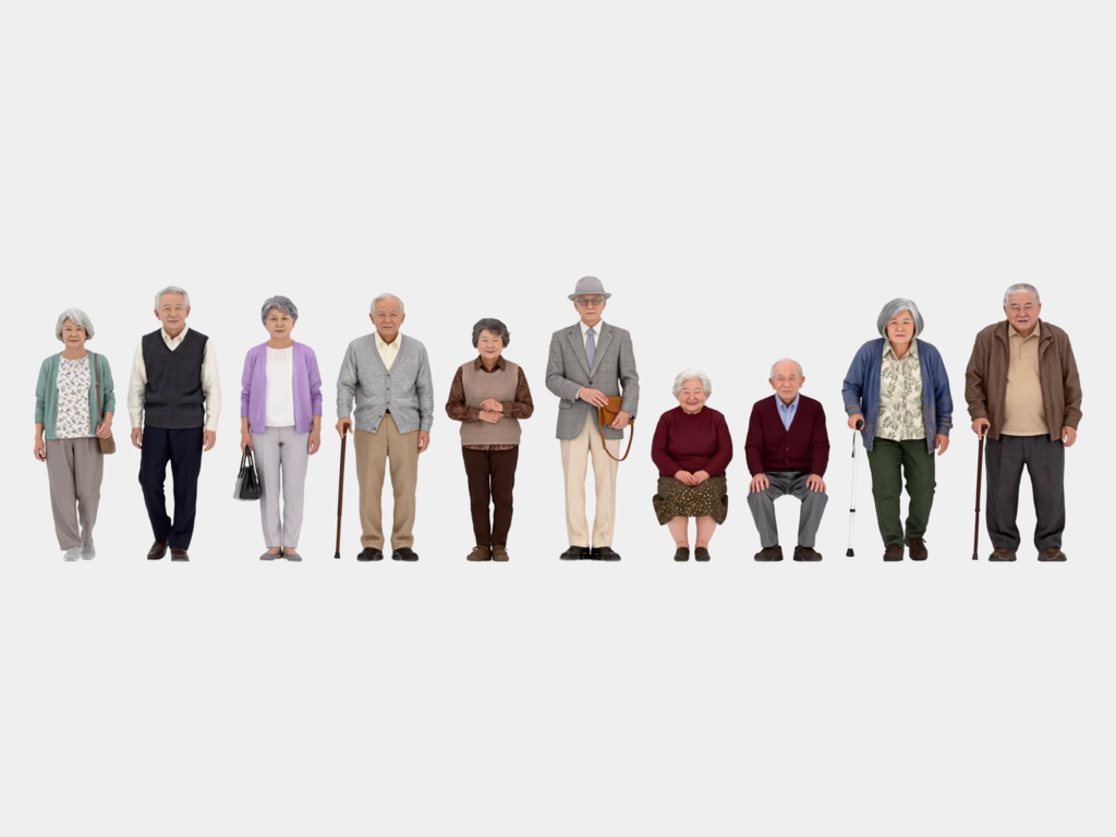 Japanese 3D People Vol.07|日本人 高齢者 3D人物 10体(杖・座り)【建築パース・添景】FBX/OBJ/glTF/Blender