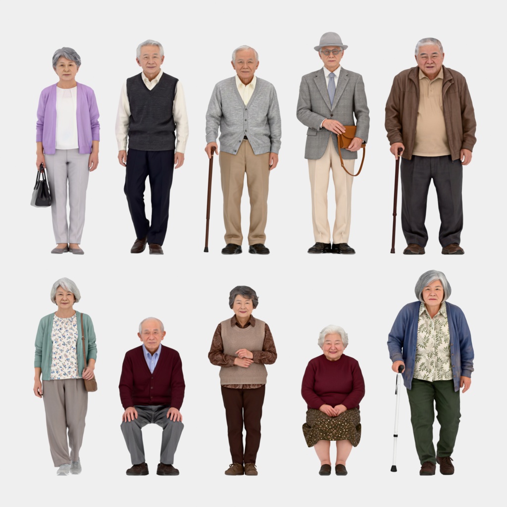Japanese 3D People Vol.07｜日本人 高齢者 3D人物 10体（杖・座り）【建築パース・添景】FBX/OBJ/glTF/Blender