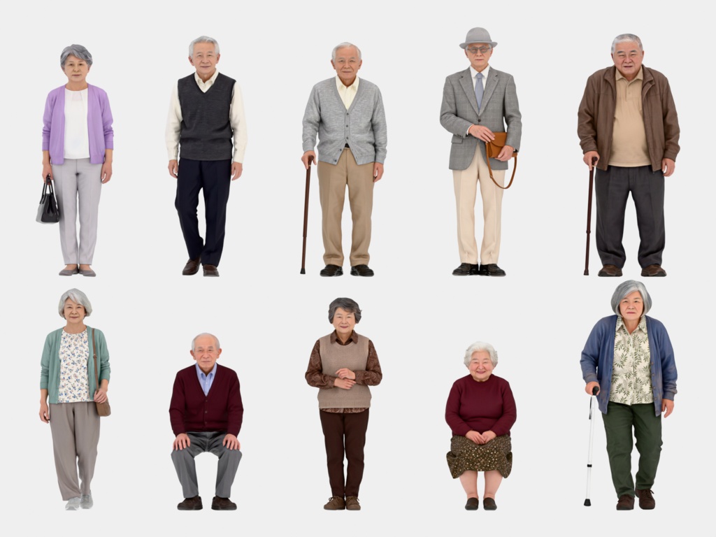 Japanese 3D People Vol.07|日本人 高齢者 3D人物 10体(杖・座り)【建築パース・添景】FBX/OBJ/glTF/Blender