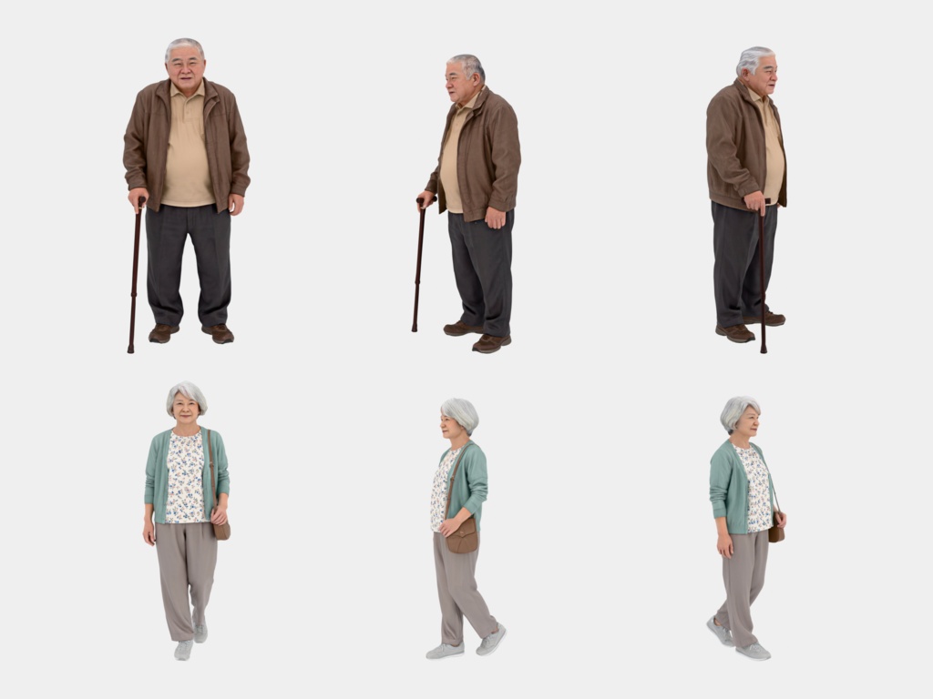 Japanese 3D People Vol.07|日本人 高齢者 3D人物 10体(杖・座り)【建築パース・添景】FBX/OBJ/glTF/Blender