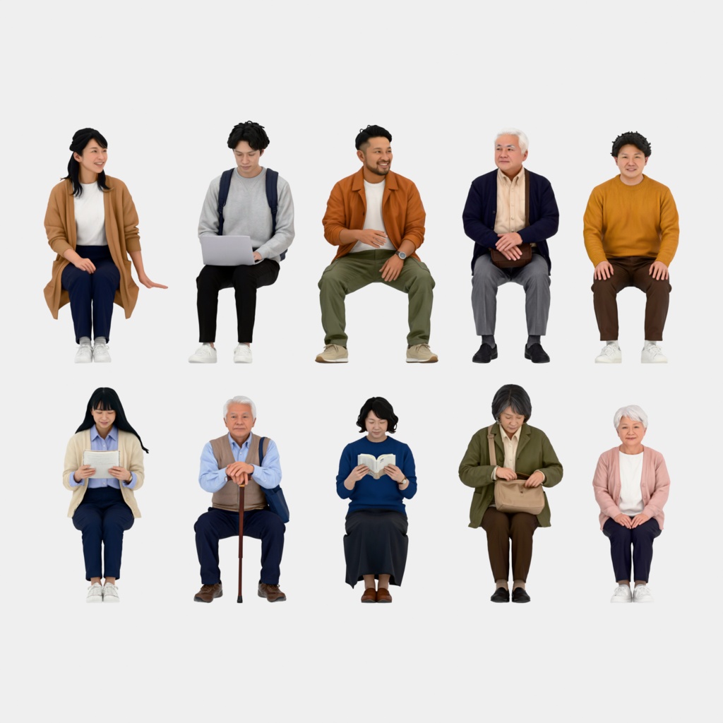 Japanese 3D People Vol.06｜日本人 座りポーズ 3D人物 10体 Part2（学生〜シニア・椅子なし）【建築パース・添景】FBX/OBJ/glTF/Blender