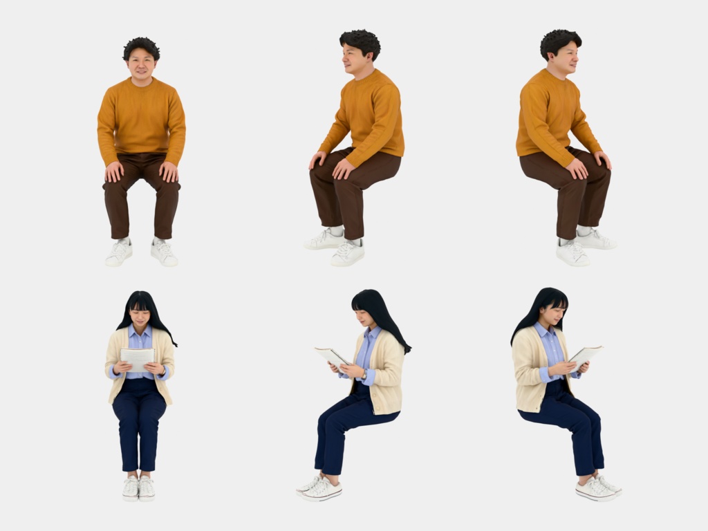 Japanese 3D People Vol.06|日本人 座りポーズ 3D人物 10体 Part2(学生〜シニア・椅子なし)【建築パース・添景】FBX/OBJ/glTF/Blender