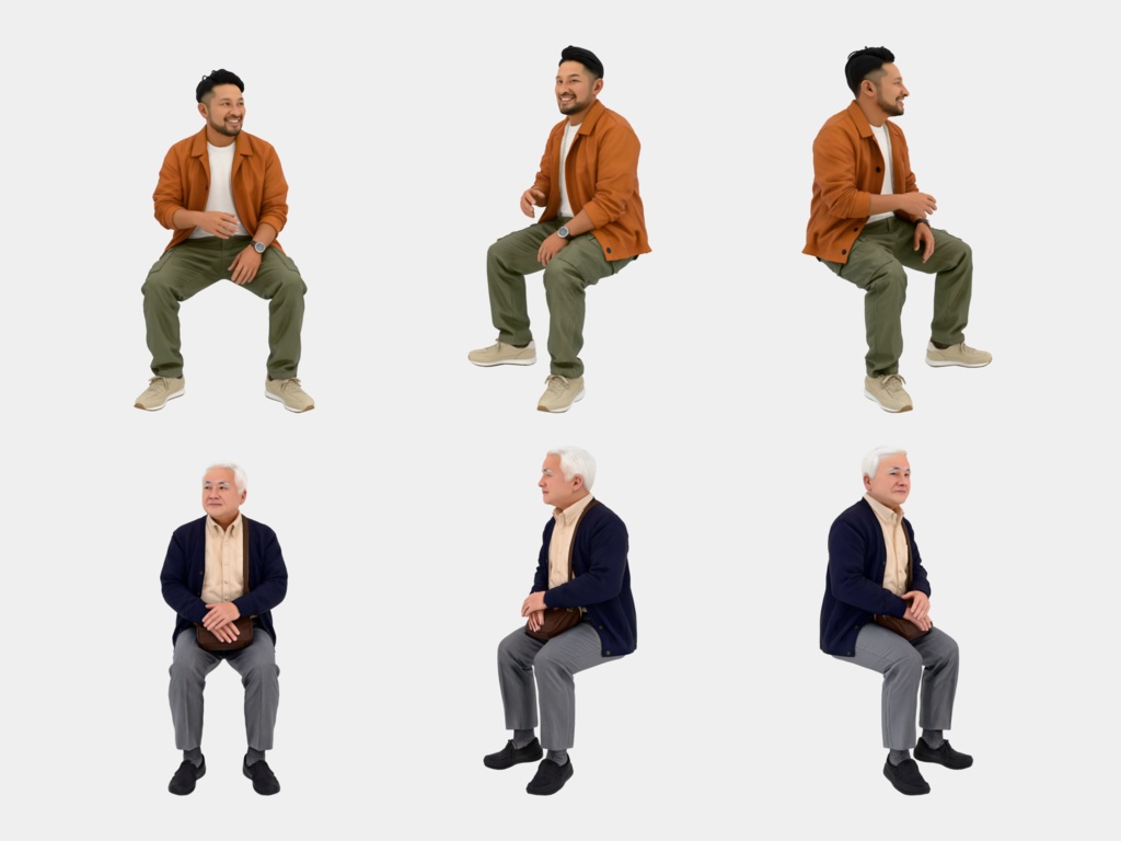 Japanese 3D People Vol.06|日本人 座りポーズ 3D人物 10体 Part2(学生〜シニア・椅子なし)【建築パース・添景】FBX/OBJ/glTF/Blender