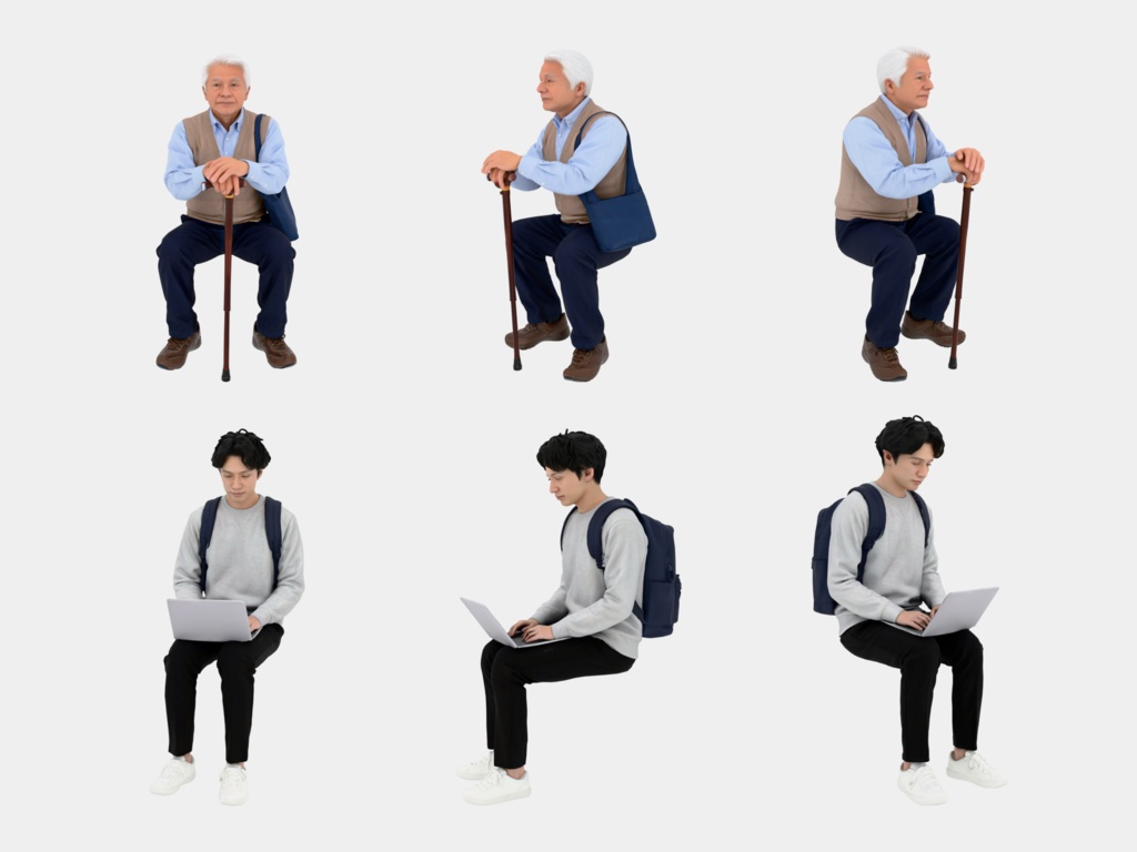Japanese 3D People Vol.06|日本人 座りポーズ 3D人物 10体 Part2(学生〜シニア・椅子なし)【建築パース・添景】FBX/OBJ/glTF/Blender