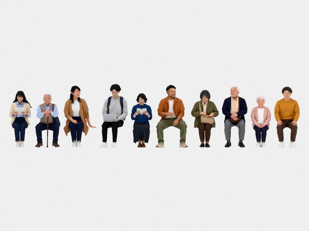Japanese 3D People Vol.06|日本人 座りポーズ 3D人物 10体 Part2(学生〜シニア・椅子なし)【建築パース・添景】FBX/OBJ/glTF/Blender