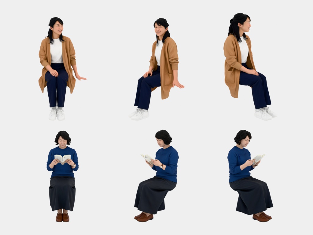 Japanese 3D People Vol.06|日本人 座りポーズ 3D人物 10体 Part2(学生〜シニア・椅子なし)【建築パース・添景】FBX/OBJ/glTF/Blender