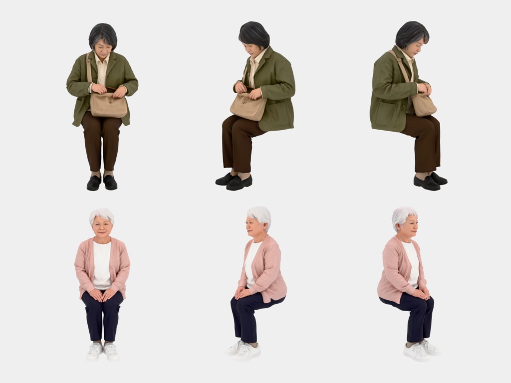 Japanese 3D People Vol.06|日本人 座りポーズ 3D人物 10体 Part2(学生〜シニア・椅子なし)【建築パース・添景】FBX/OBJ/glTF/Blender
