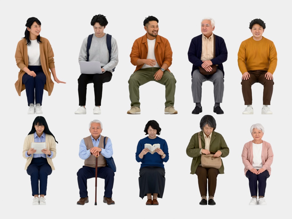 Japanese 3D People Vol.06|日本人 座りポーズ 3D人物 10体 Part2(学生〜シニア・椅子なし)【建築パース・添景】FBX/OBJ/glTF/Blender