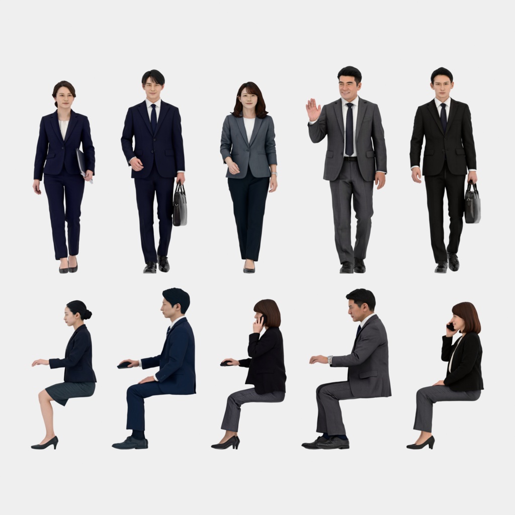 Japanese 3D People Vol.08｜日本人 オフィスワーカー 3D人物 10体（デスクワーク・通勤）【建築パース・添景】FBX/OBJ/glTF/Blender