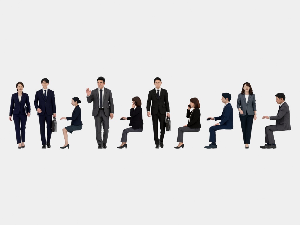 Japanese 3D People Vol.08|日本人 オフィスワーカー 3D人物 10体(デスクワーク・通勤)【建築パース・添景】FBX/OBJ/glTF/Blender