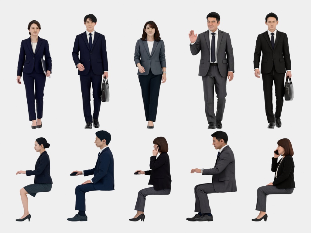 Japanese 3D People Vol.08|日本人 オフィスワーカー 3D人物 10体(デスクワーク・通勤)【建築パース・添景】FBX/OBJ/glTF/Blender