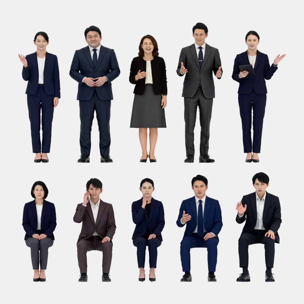 Japanese 3D People Vol.09｜日本人 ビジネス 3D人物 10体（会議・接客・プレゼン）【建築パース・添景】FBX/OBJ/glTF/Blender