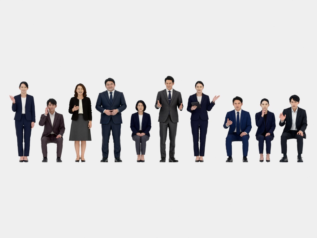 Japanese 3D People Vol.09|日本人 ビジネス 3D人物 10体(会議・接客・プレゼン)【建築パース・添景】FBX/OBJ/glTF/Blender