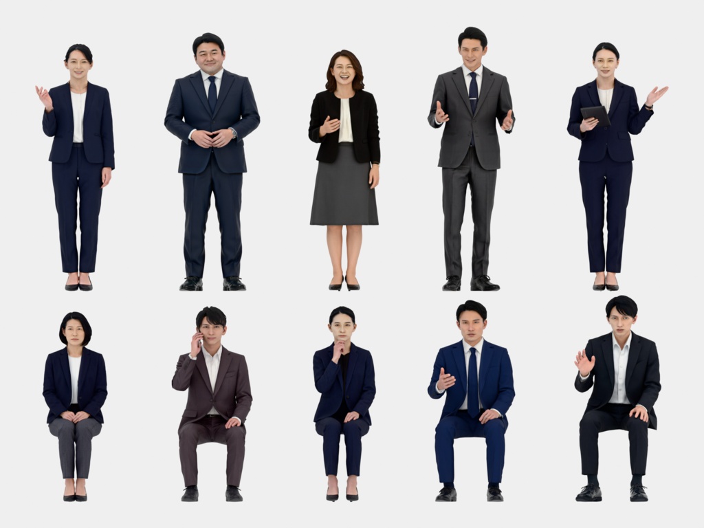 Japanese 3D People Vol.09|日本人 ビジネス 3D人物 10体(会議・接客・プレゼン)【建築パース・添景】FBX/OBJ/glTF/Blender