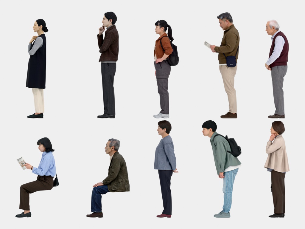 Japanese 3D People Vol.11|日本人 3D人物 10体(美術館・博物館の来館者)【建築パース・添景】FBX/OBJ/glTF/Blender