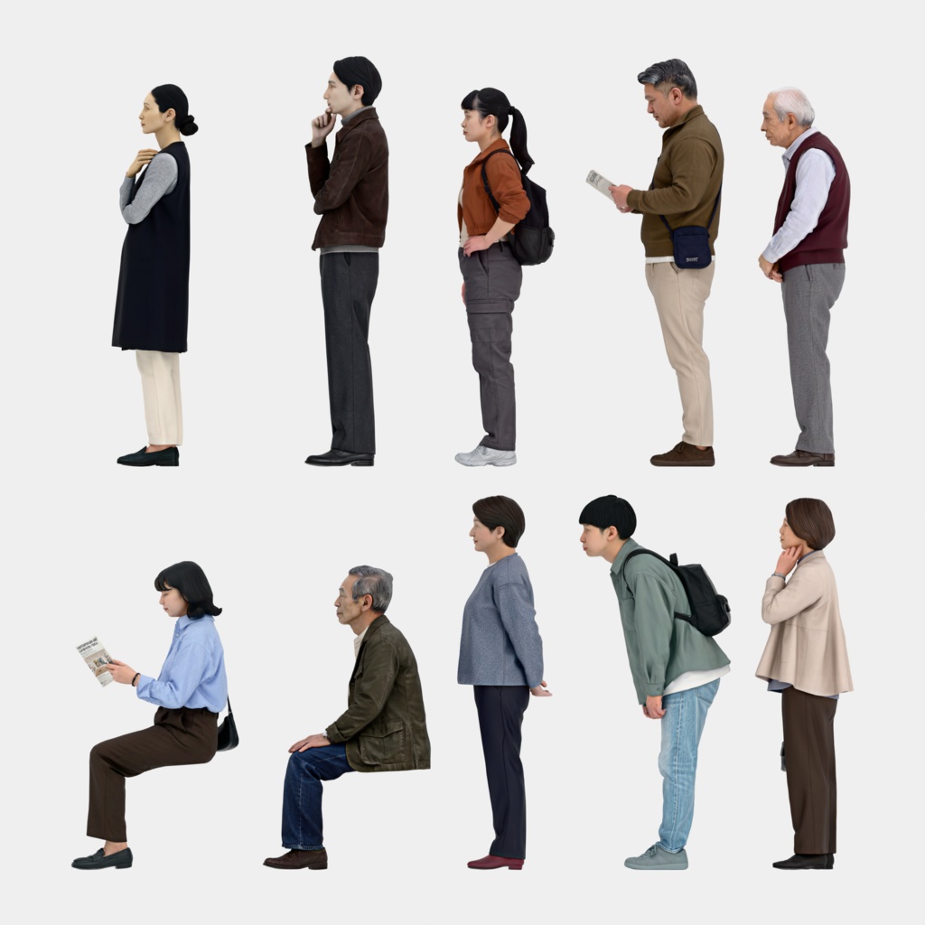 Japanese 3D People Vol.11|日本人 3D人物 10体(美術館・博物館の来館者)【建築パース・添景】FBX/OBJ/glTF/Blender
