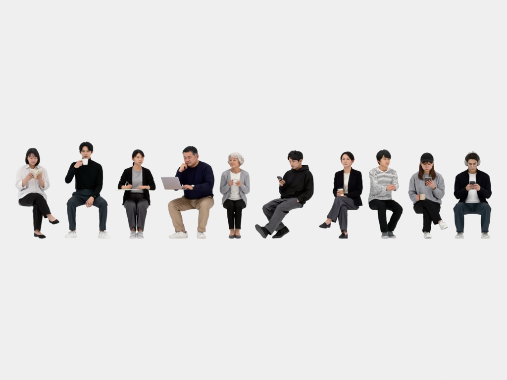 Japanese 3D People Vol.12|日本人 カフェの座り 3D人物 10体(コーヒー・読書・スマホ・PC)【建築パース・添景】FBX/OBJ/glTF/Blender