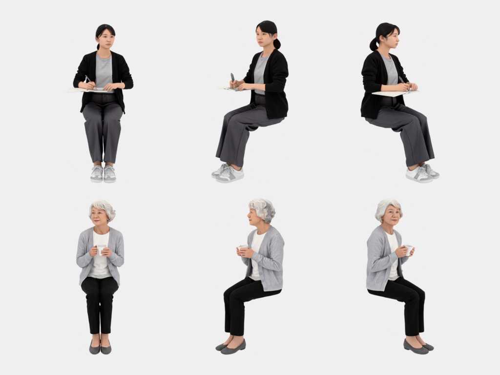 Japanese 3D People Vol.12|日本人 カフェの座り 3D人物 10体(コーヒー・読書・スマホ・PC)【建築パース・添景】FBX/OBJ/glTF/Blender
