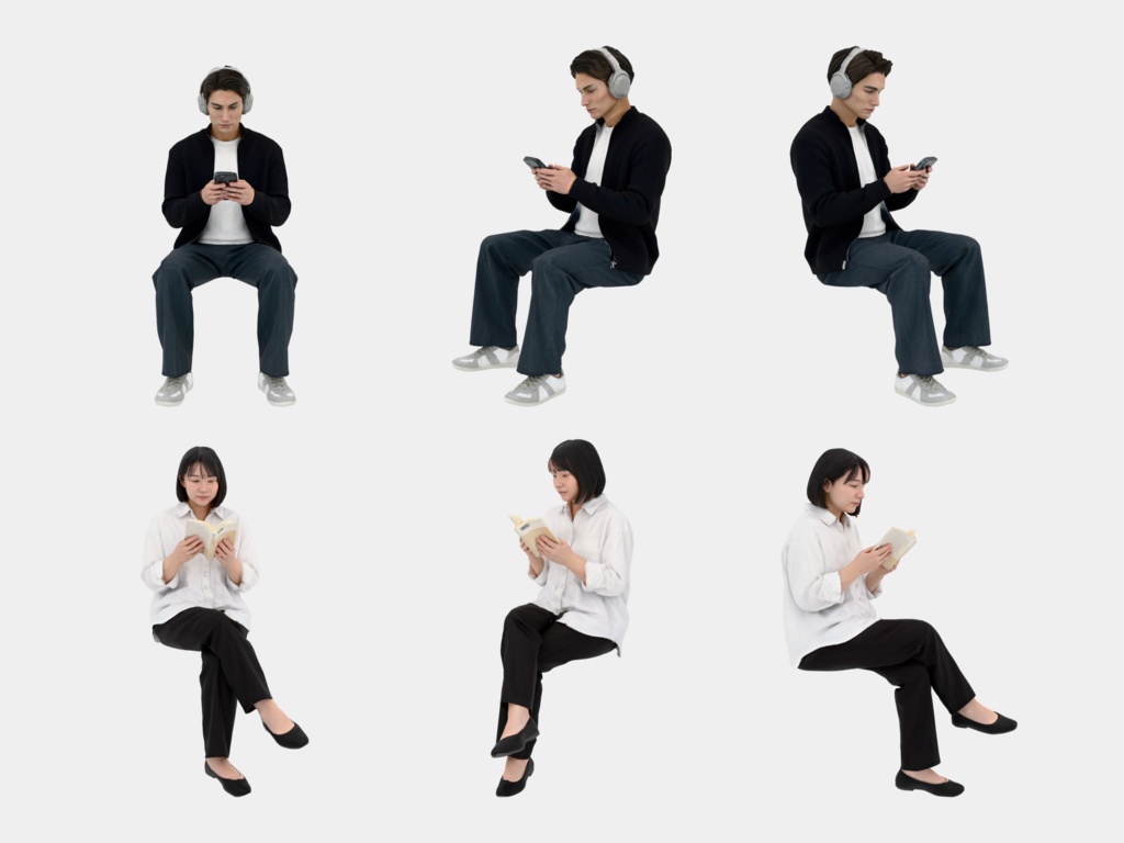 Japanese 3D People Vol.12|日本人 カフェの座り 3D人物 10体(コーヒー・読書・スマホ・PC)【建築パース・添景】FBX/OBJ/glTF/Blender