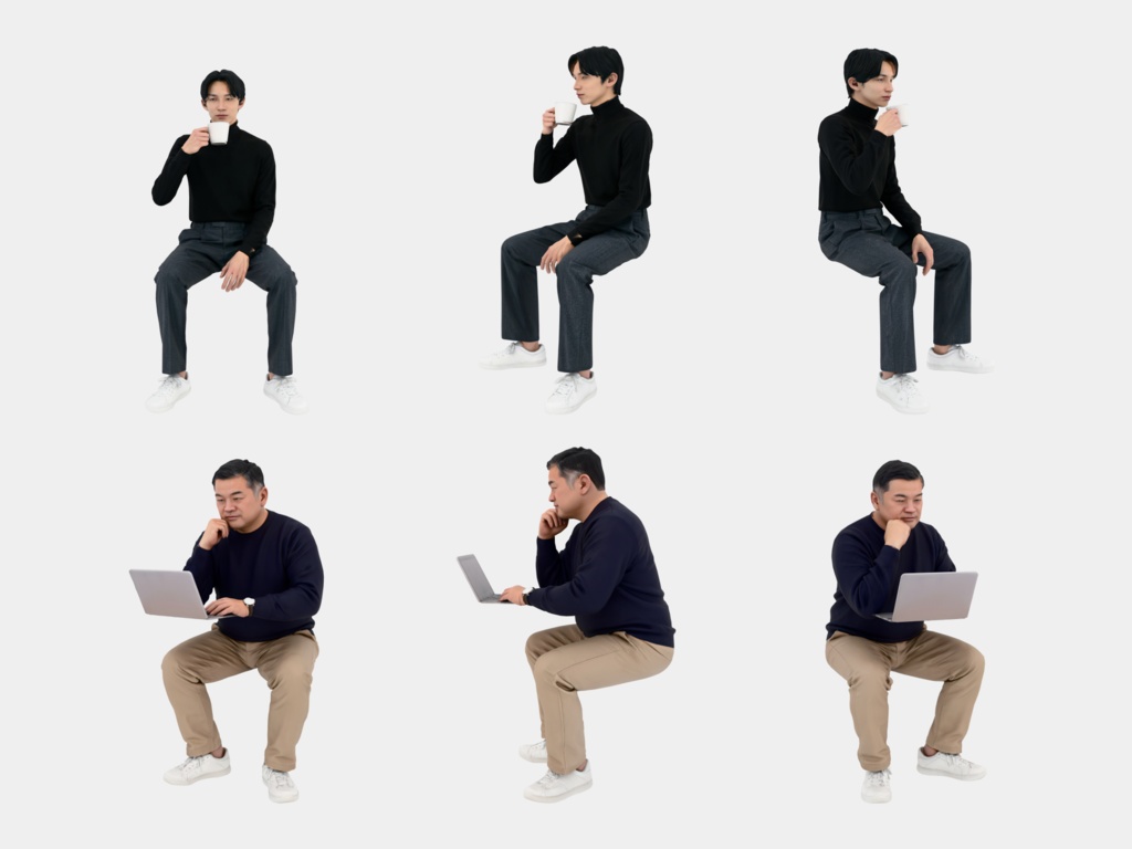 Japanese 3D People Vol.12|日本人 カフェの座り 3D人物 10体(コーヒー・読書・スマホ・PC)【建築パース・添景】FBX/OBJ/glTF/Blender
