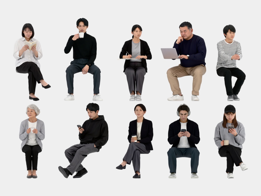 Japanese 3D People Vol.12|日本人 カフェの座り 3D人物 10体(コーヒー・読書・スマホ・PC)【建築パース・添景】FBX/OBJ/glTF/Blender