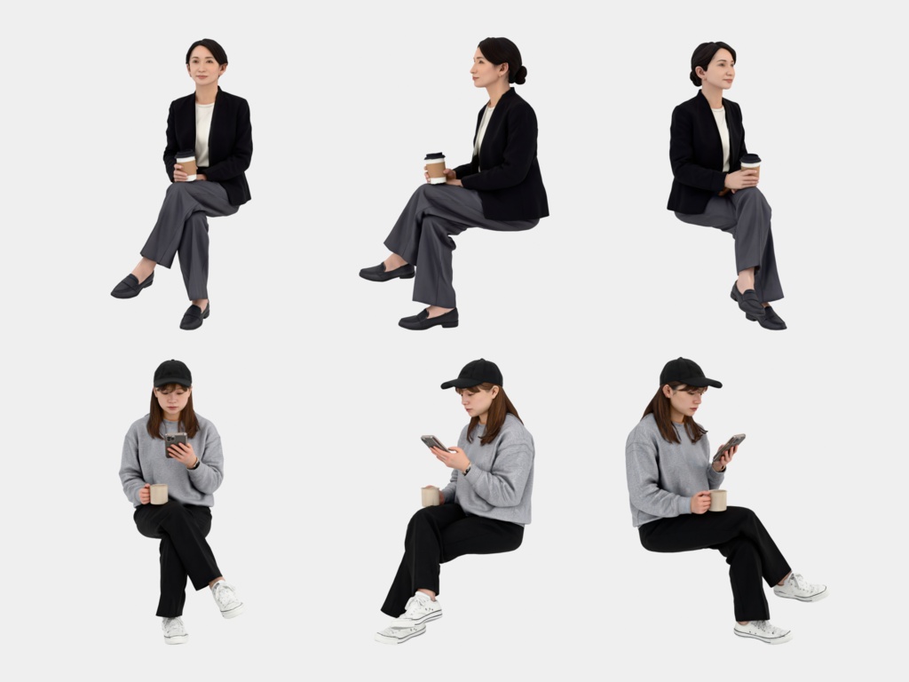 Japanese 3D People Vol.12|日本人 カフェの座り 3D人物 10体(コーヒー・読書・スマホ・PC)【建築パース・添景】FBX/OBJ/glTF/Blender