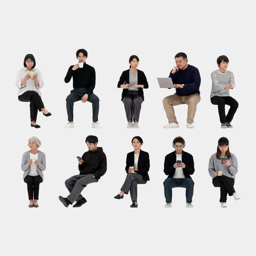 Japanese 3D People Vol.12｜日本人 カフェの座り 3D人物 10体（コーヒー・読書・スマホ・PC）【建築パース・添景】FBX/OBJ/glTF/Blender