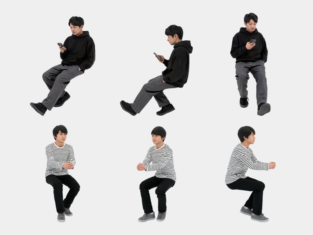 Japanese 3D People Vol.12|日本人 カフェの座り 3D人物 10体(コーヒー・読書・スマホ・PC)【建築パース・添景】FBX/OBJ/glTF/Blender