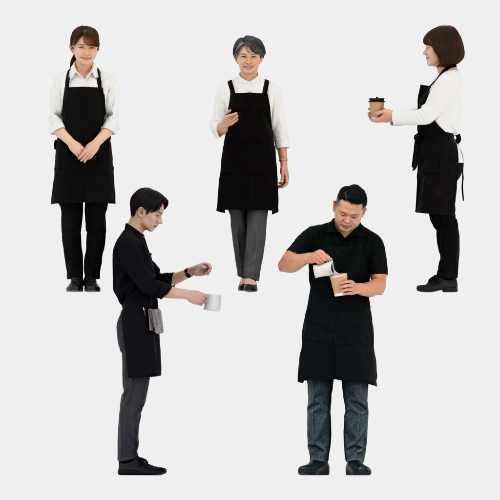Japanese 3D People Vol.13｜日本人 カフェスタッフ 3D人物 5体（バリスタ・店員）【建築パース・添景】FBX/OBJ/glTF/Blender
