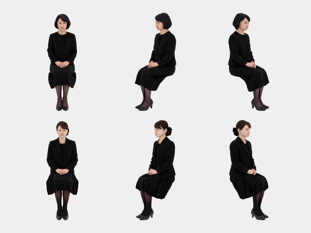 Japanese 3D People Vol.14|日本人 喪服 3D人物 10体(葬儀・法事の参列者)【建築パース・添景】FBX/OBJ/glTF/Blender