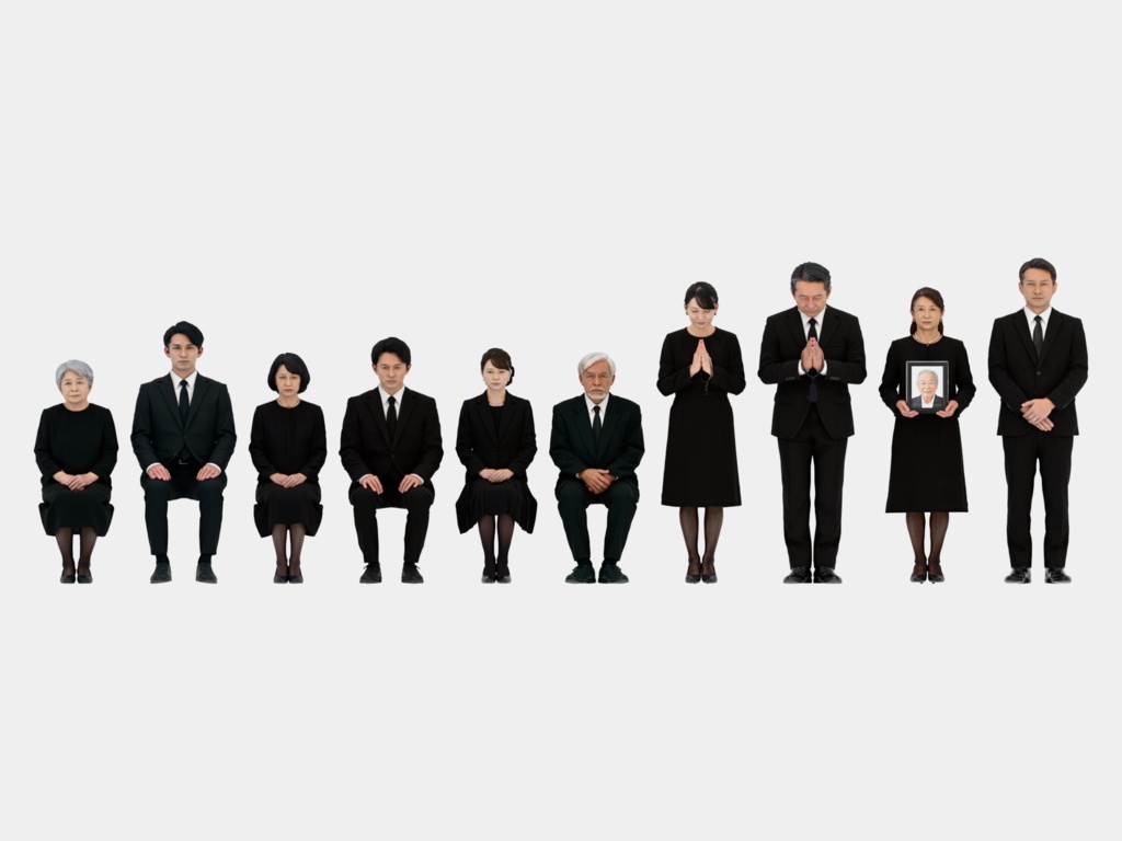 Japanese 3D People Vol.14|日本人 喪服 3D人物 10体(葬儀・法事の参列者)【建築パース・添景】FBX/OBJ/glTF/Blender