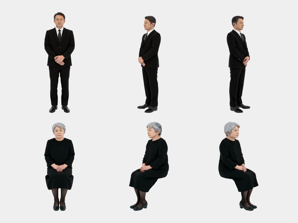 Japanese 3D People Vol.14|日本人 喪服 3D人物 10体(葬儀・法事の参列者)【建築パース・添景】FBX/OBJ/glTF/Blender