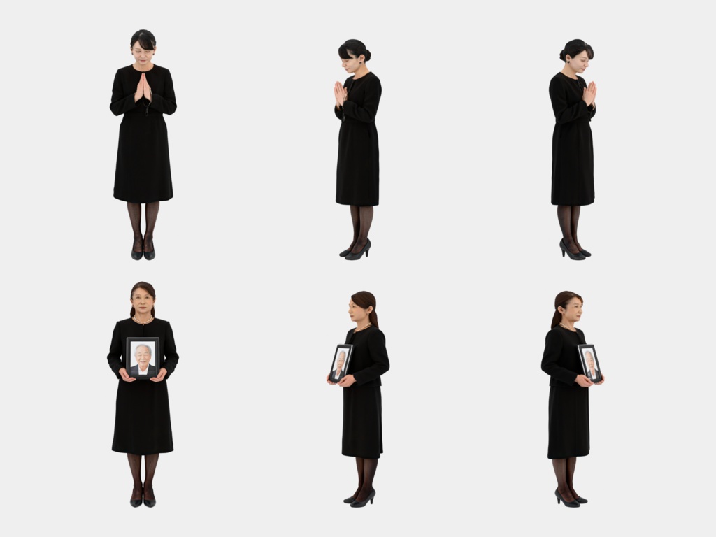 Japanese 3D People Vol.14|日本人 喪服 3D人物 10体(葬儀・法事の参列者)【建築パース・添景】FBX/OBJ/glTF/Blender