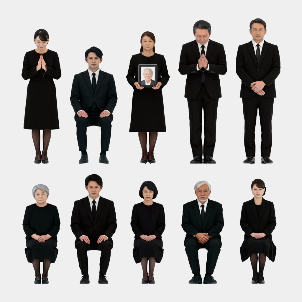 Japanese 3D People Vol.14｜日本人 喪服 3D人物 10体（葬儀・法事の参列者）【建築パース・添景】FBX/OBJ/glTF/Blender